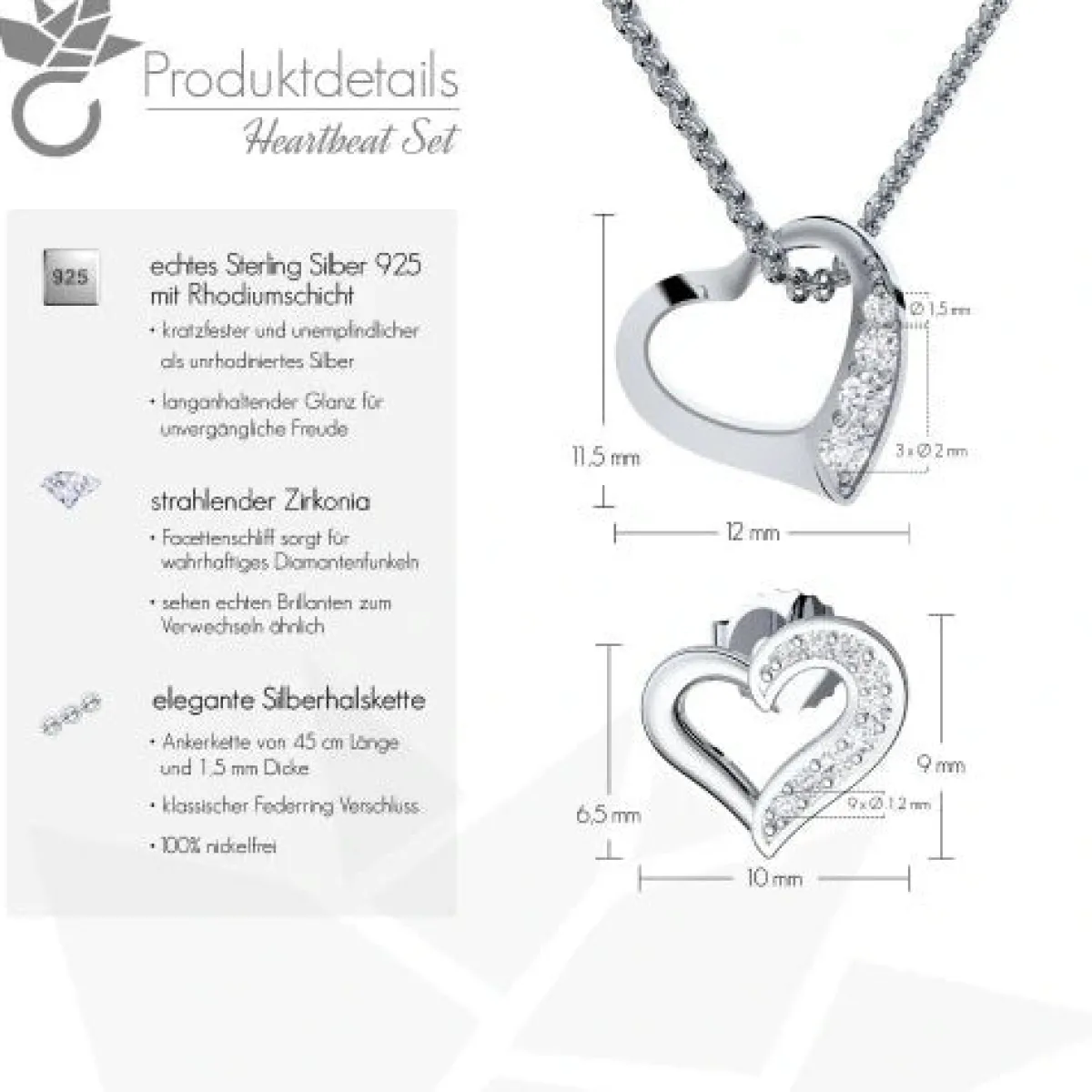 Schmuckladen AMOONIC Brautschmuck "Heartbeat" Schmuck-Set bestehend aus Herzkette u^ Hochzeit|Schmuck