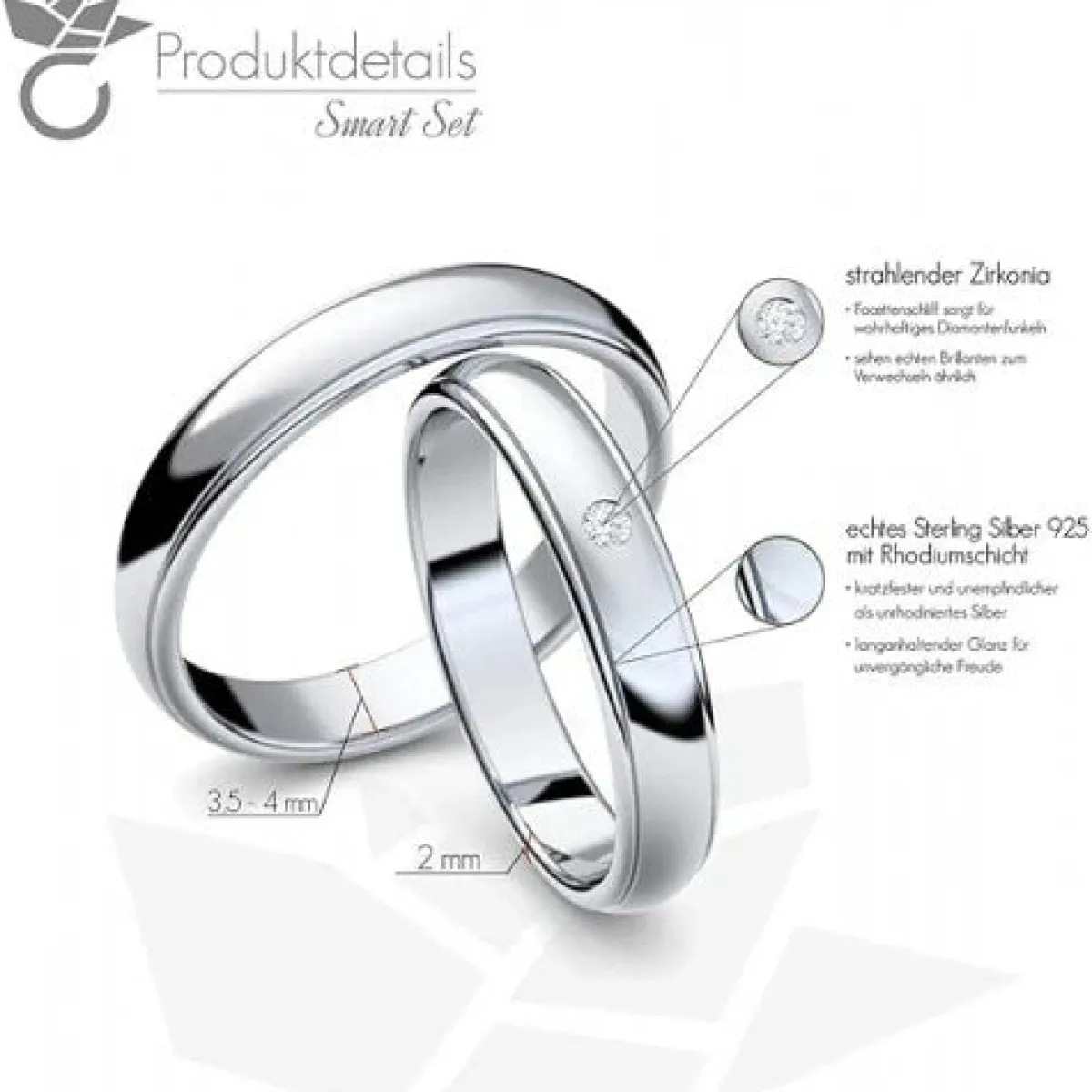 Schmuckladen AMOONIC Eheringe "Smart" Paarringe (Ring-Set) modern mit Zirkonia^ Hochzeit|Eheringe