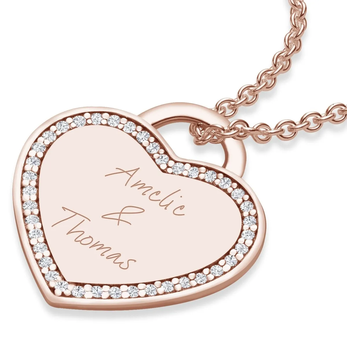 Schmuckladen AMOONIC Herzkette "Amour" Kette mit Herz-Gravurplatte & 39 Zirkonia St^ Herzketten|Herzketten Mit Gravur