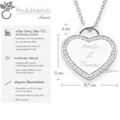 Schmuckladen AMOONIC Herzkette "Amour" Kette mit Herz-Gravurplatte & 39 Zirkonia St^ Herzketten|Herzketten Mit Gravur
