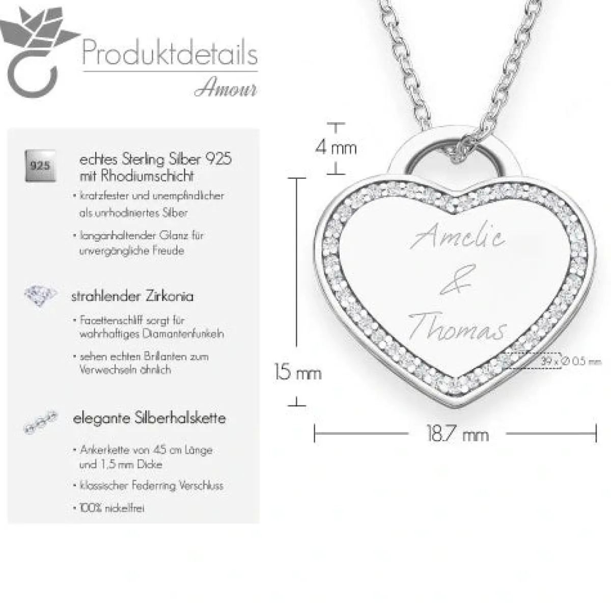 Schmuckladen AMOONIC Herzkette "Amour" Kette mit Herz-Gravurplatte & 39 Zirkonia St^ Herzketten|Herzketten Mit Gravur