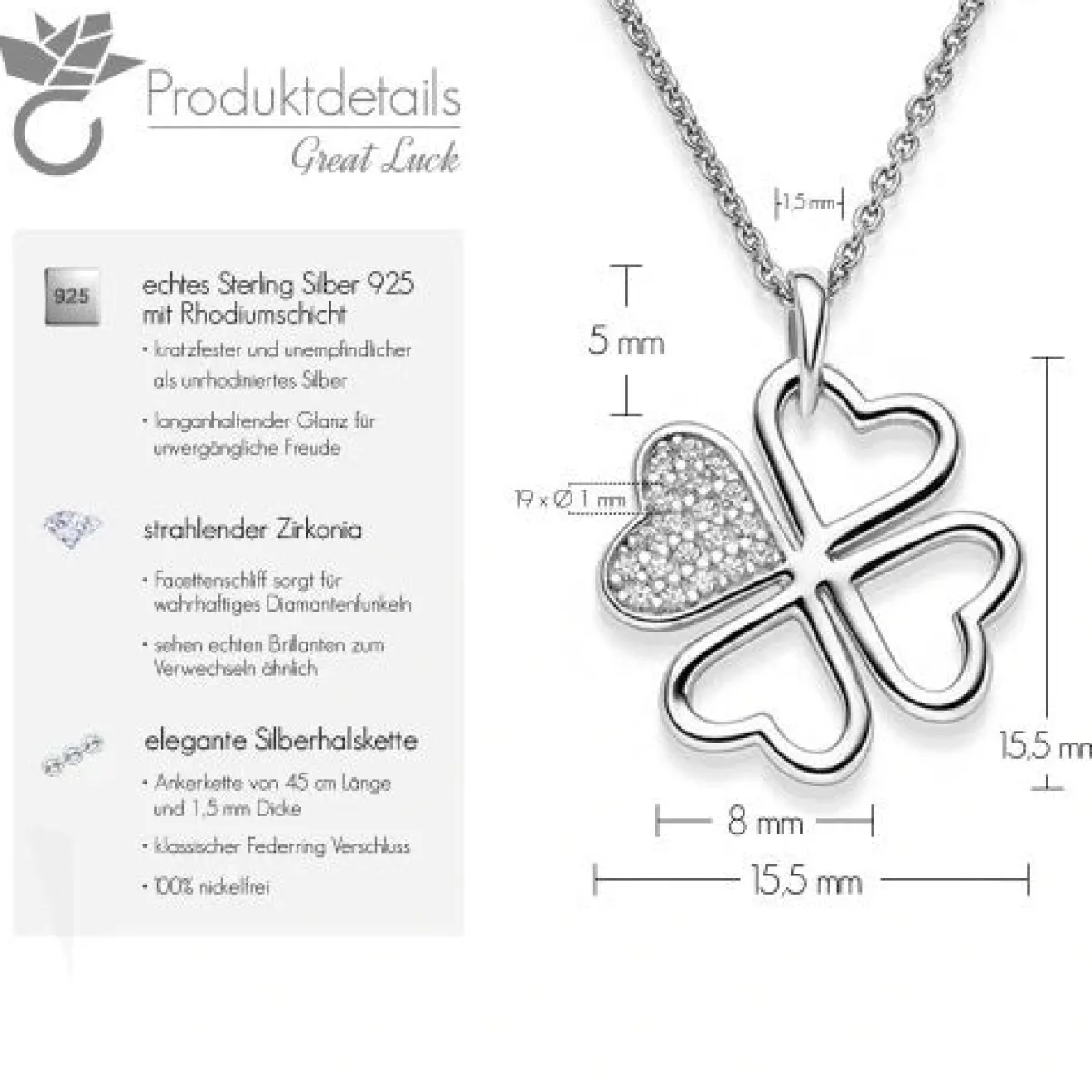 Schmuckladen AMOONIC Kleeblattkette "Great Luck" Herzanhänger mit Zirkonia - Glücks^ Schmuck