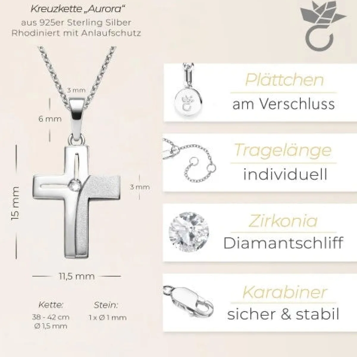 Schmuckladen AMOONIC Kreuz Kette "Aurora" Kreuzanhänger mit Zirkonia Stein - Kinder^ Konfirmation|Schmuck