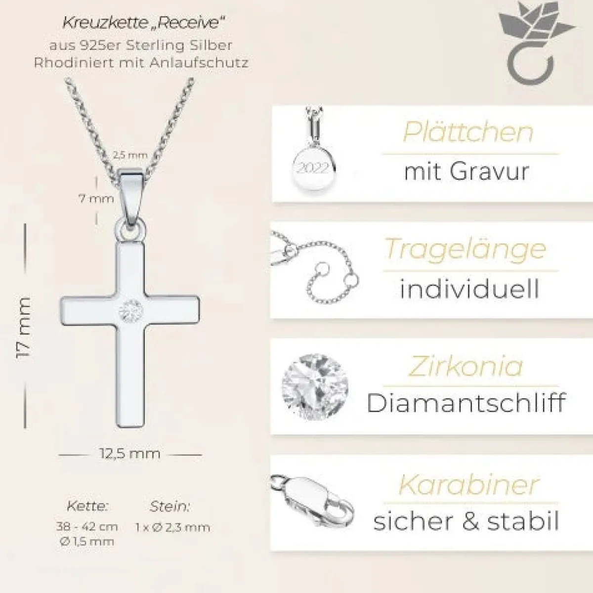 Schmuckladen AMOONIC Kreuz Kette "Receive" Kreuzanhänger mit Zirkonia Stein - Kinde^ Konfirmation|Schmuck