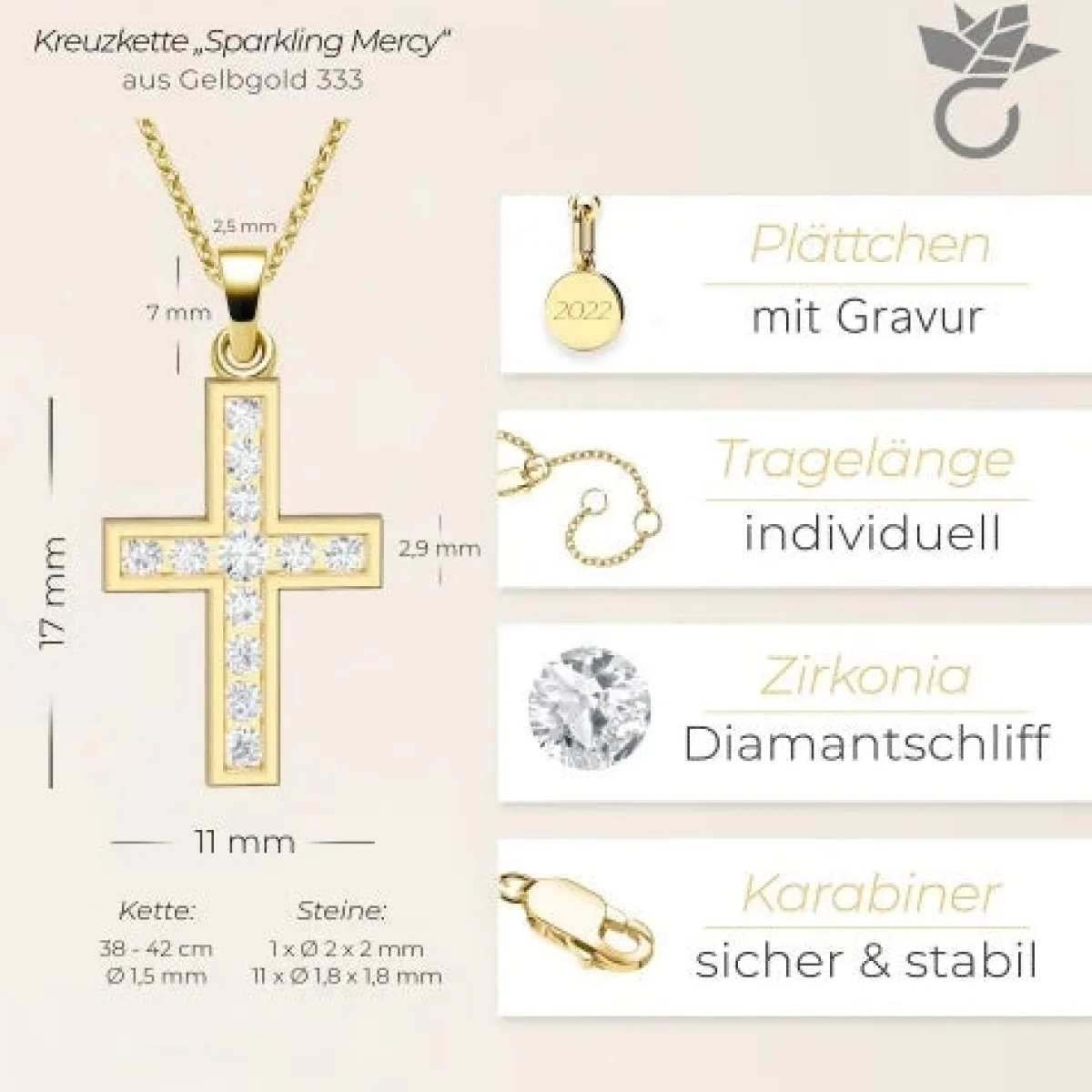 Schmuckladen AMOONIC Kreuz Kette "Sparkling Mercy" Kreuzanhänger in 333 Gelbgold mi^ Konfirmation|Schmuck
