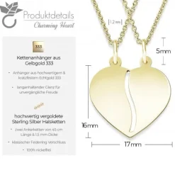 Schmuckladen AMOONIC Partnerkette "Other Half" teilbare Herzkette in Gelbgold 333 m^ Partnerketten|Herzketten